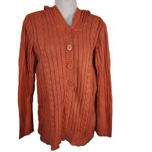 Relativity Womens Hooded Sweater Button Ribbed Cable Chunky Knit Orange Medium